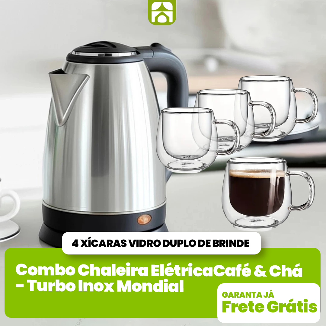 Combo Chaleira Elétrica Café & Chá - Turbo Inox Mondial + 4 Xícaras Vidro Duplo de Brinde