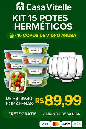 Kit 15 Potes Herméticos de Vidro + 10 Copos de Vidro Aruba de Brinde